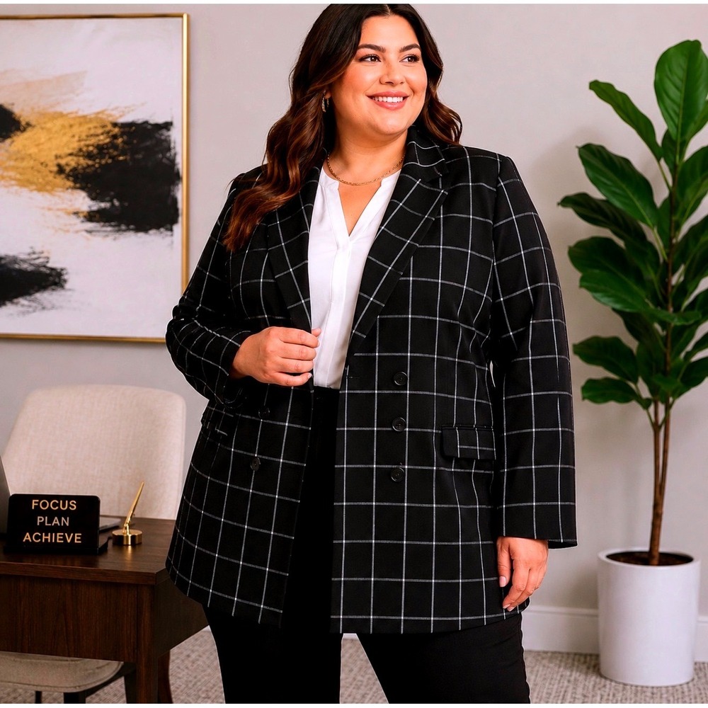 Jessica London Women Plus Sz 26NWT Windowpane Plaid Double Breasted Blazer Black